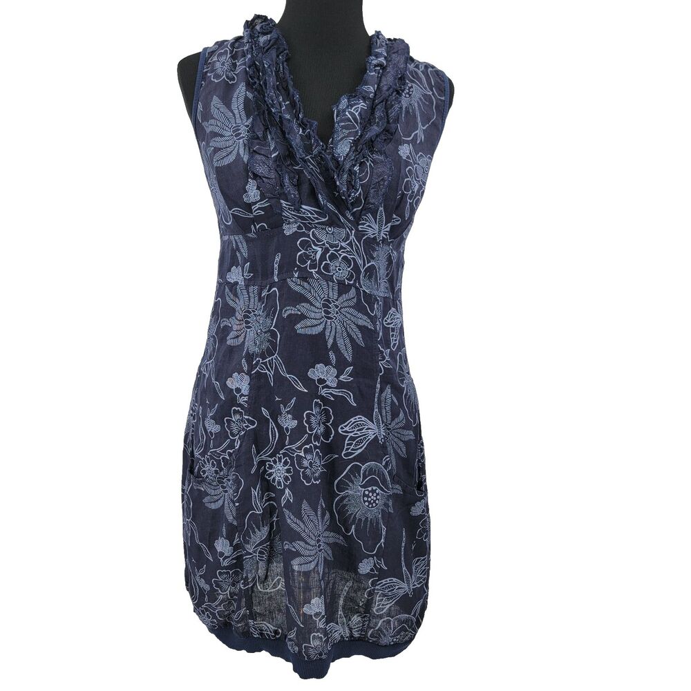Womens S/M Blue Linen/Cotton Blend Italy Ruffle V-Neck Sleeveless Floral Dress